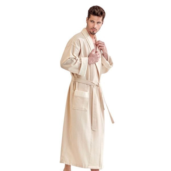 Unisex Men's Luxury Waffle Beige Bathrobe, Velour Shawl, 100% Cotton One Size, Towelsoft, Mfr#: RM-MEN-WFL-VLR-BG
